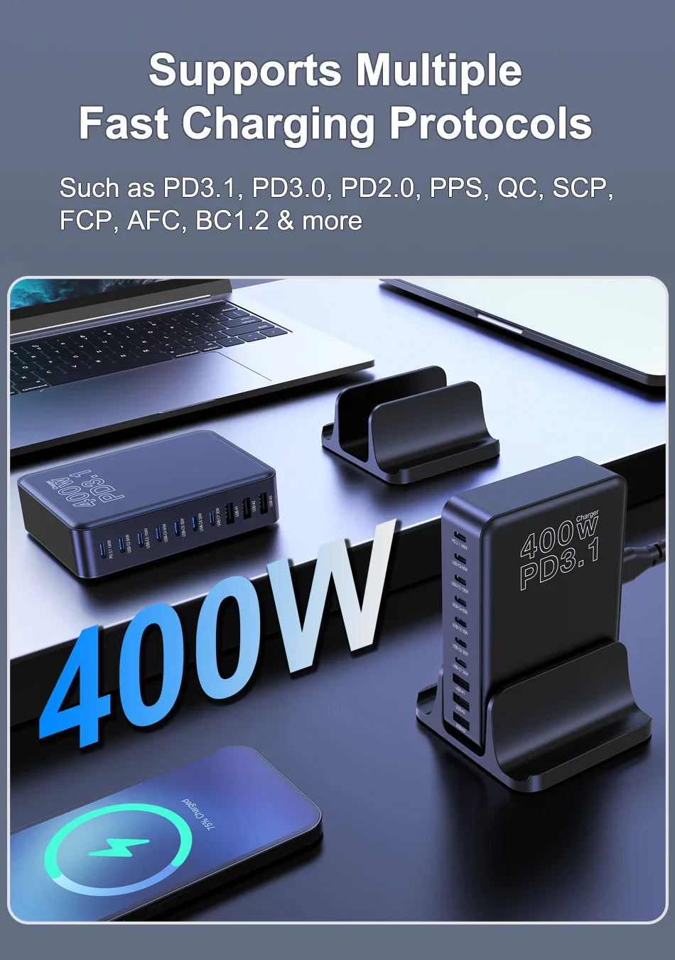 400W multi-port fast charging device with support for various charging protocols.