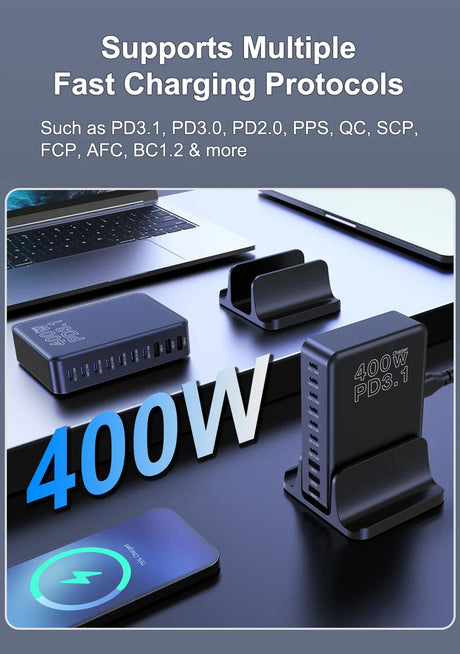 400W multi-port fast charging device with support for various charging protocols.