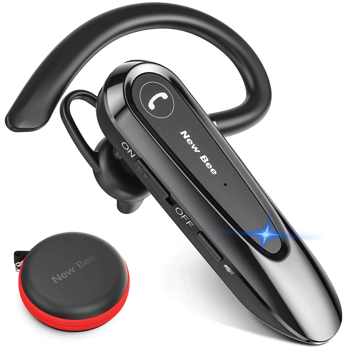Black Bluetooth headset with carrying case.