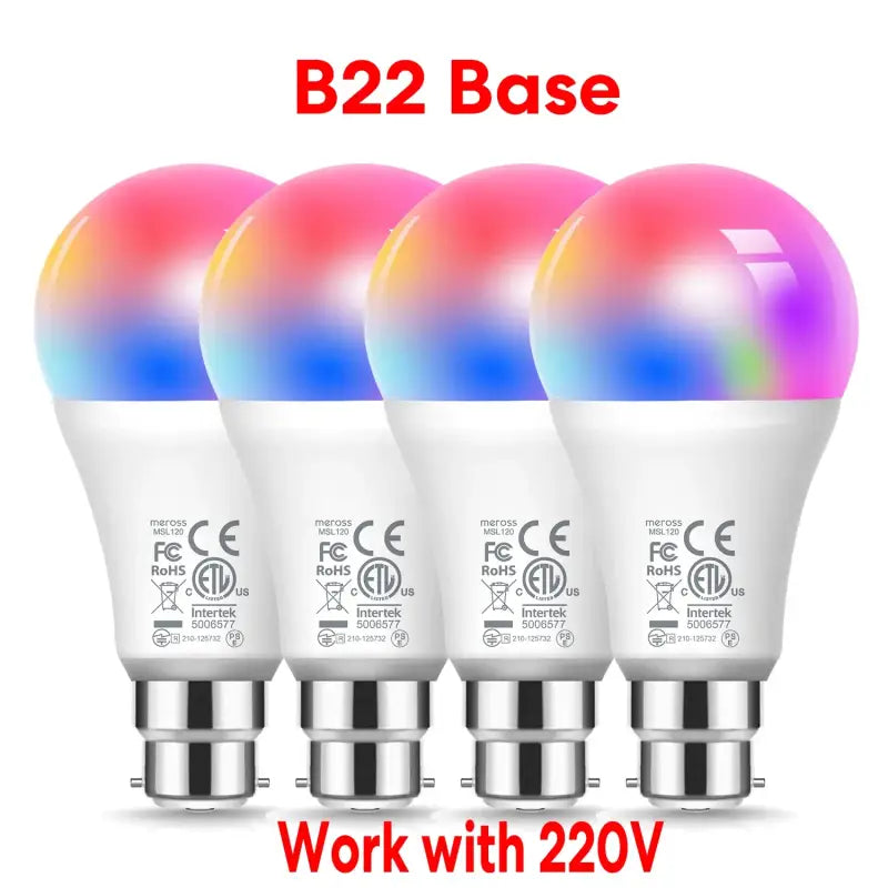 5 pack of b22 base led bulbs with multicolored bulbs