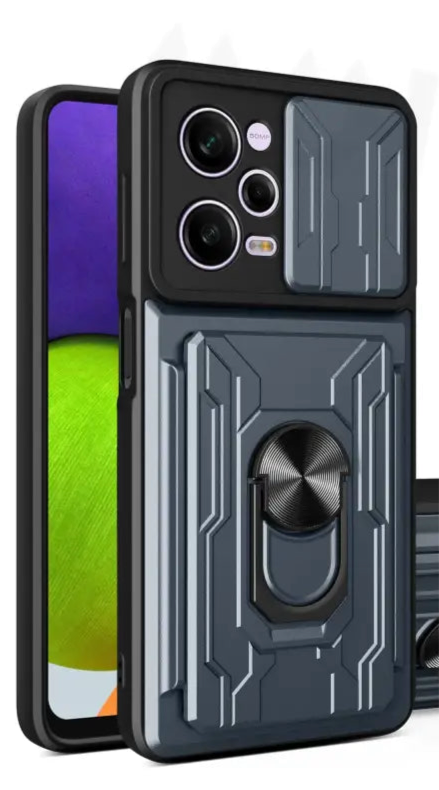 Black and gray rugged phone case with a camera cover and kickstand ring.