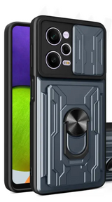 Black and gray rugged phone case with a camera cover and kickstand ring.
