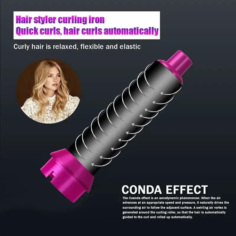 a pink and black hair curler with a picture of a woman