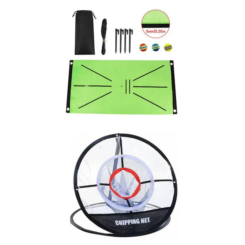the camping kit includes a green mat, a black bag, a white and red tent, a black bag