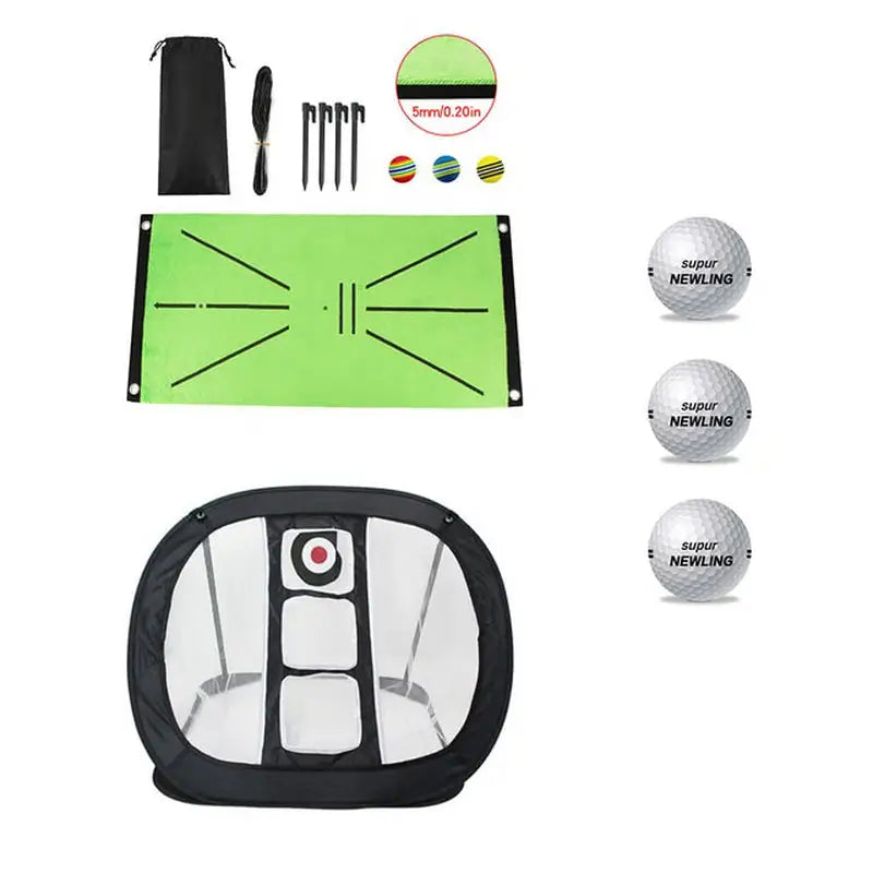 golf putting mat with golf ball, tees, ball, and bag
