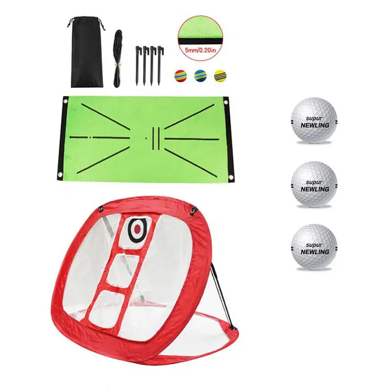 golf practice set with golf ball, tees, and bag