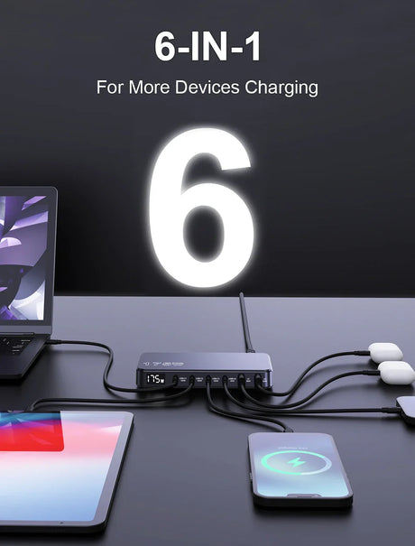 6-in-1 charging hub for multiple devices with illuminated number display.