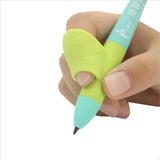 a hand holding a green pen with a white background