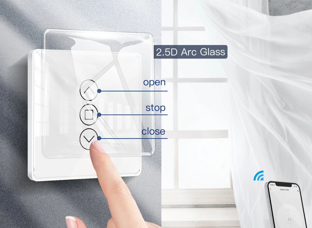 Tuya Smart 2.5D Arc Glass Touch Curtain Switch - WiFi Roller Blinds Shutter Control via SmartLife Google Alexa Apps