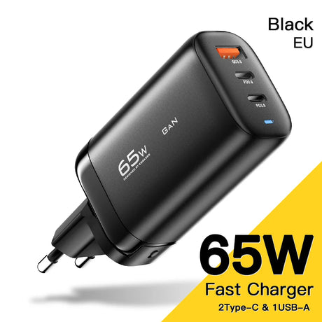 65W fast charger with two USB-C ports and one USB-A port.