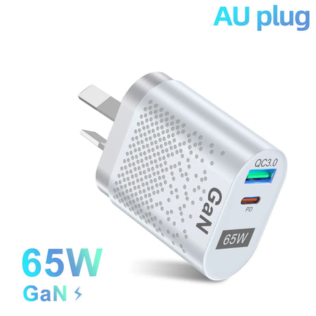 65W GaN fast-charging adapter with AU plug and dual USB ports.