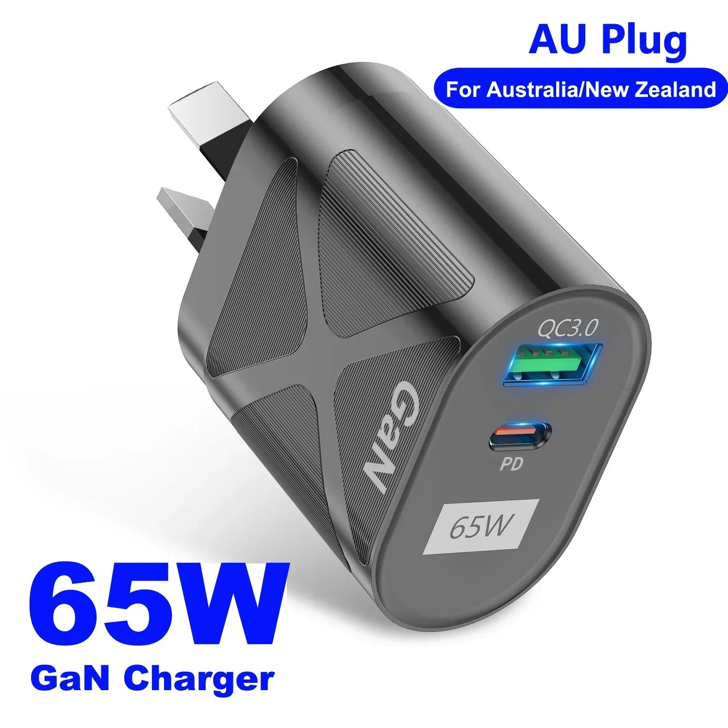 65W GaN charger with AU plug for Australia/New Zealand featuring QC3.0 and PD charging ports.