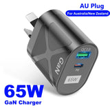 65W GaN charger with AU plug for Australia/New Zealand featuring QC3.0 and PD charging ports.