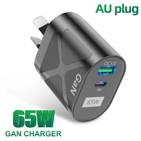 65W GaN charger with AU plug featuring QC3.0 and PD charging ports.