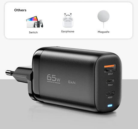 65W GaN charger with multiple USB ports for fast charging various devices.