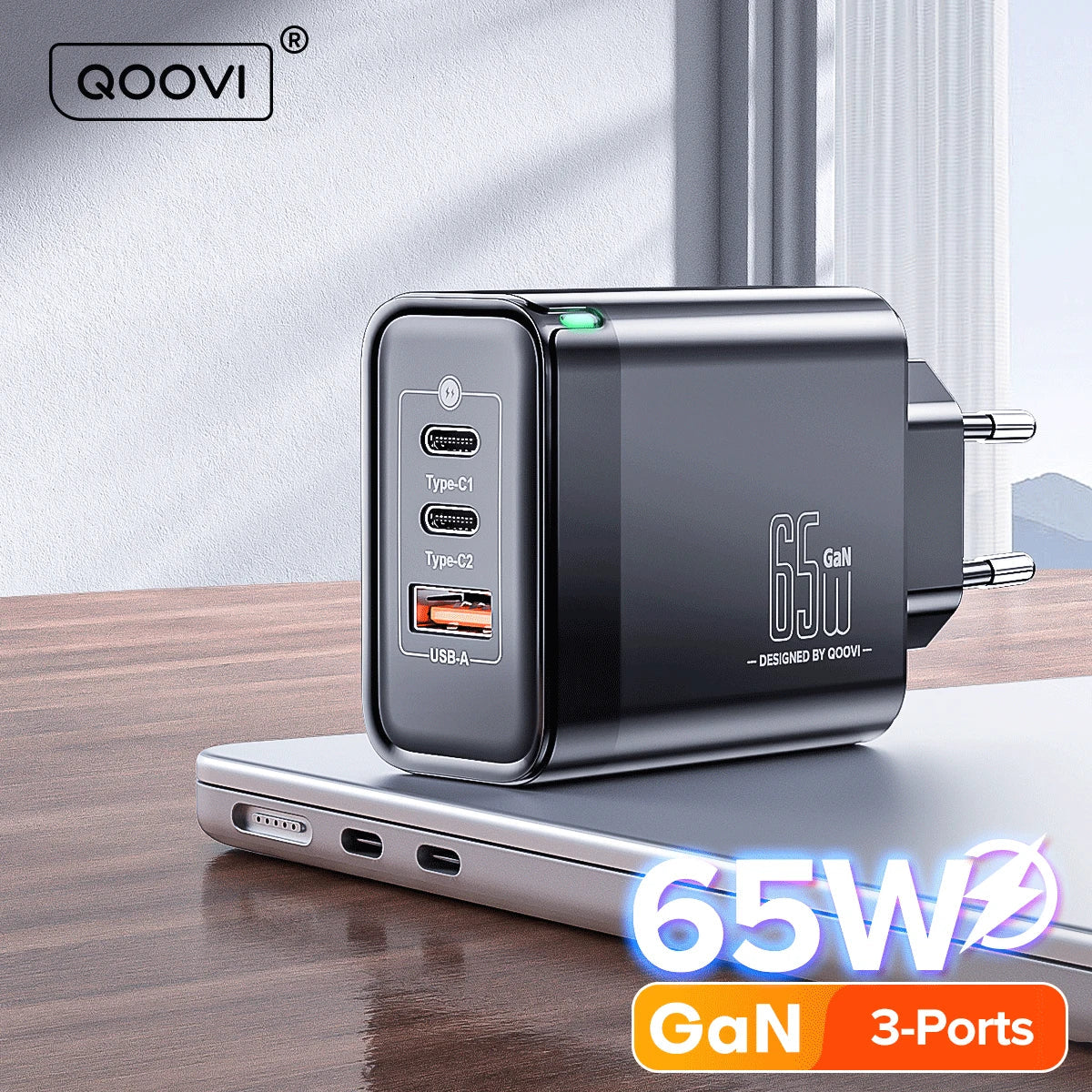 65W GaN charger with three ports, including two USB-C and one USB-A.