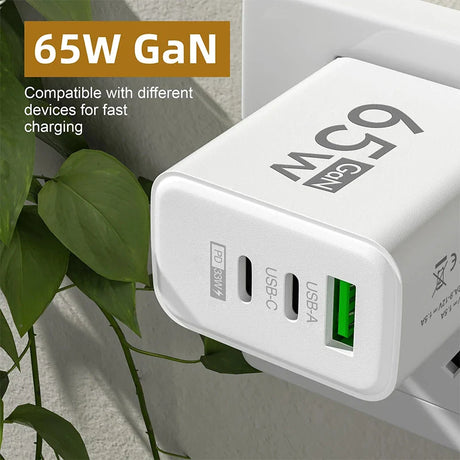 65W GaN fast charging adapter with multiple USB ports.