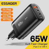 65W GaN fast charger with multiple plug options and three charging ports.