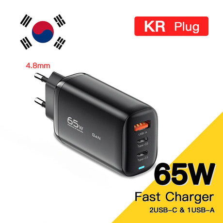 65W GaN fast charger with two USB-C ports and one USB-A port for South Korean electrical outlets.