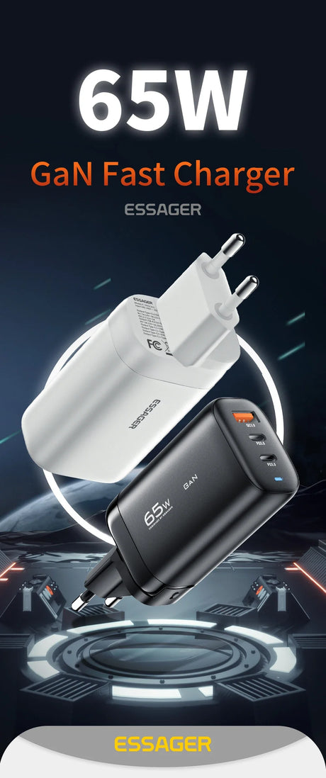 65W GaN fast charger in white and black variants from Essager.