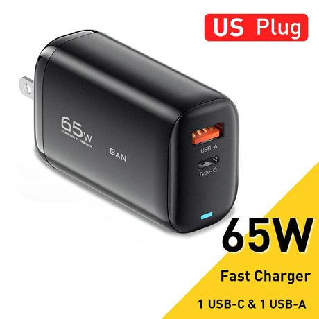 65W GaN fast charger with US plug, featuring USB-C and USB-A ports.