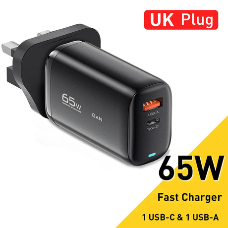 65W GAN fast charger with UK plug, featuring USB-C and USB-A ports.