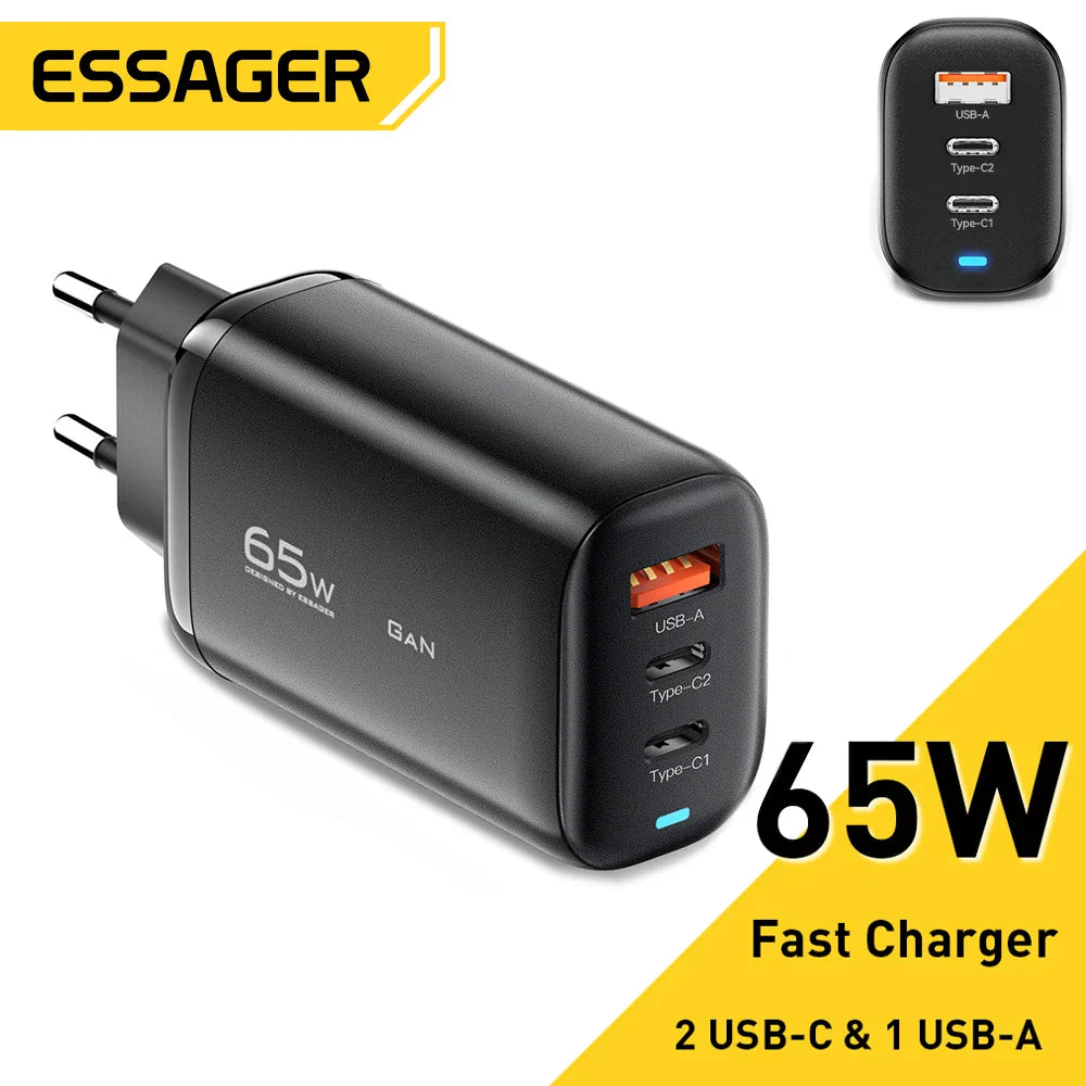 65W GAN fast charger with two USB-C ports and one USB-A port.