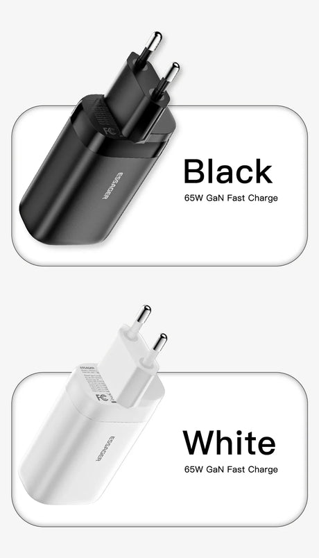 65W GaN fast chargers in black and white color options.