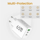 65W GaN multi-protection charger with three ports.
