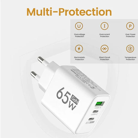 65W GaN multi-protection charger with three ports for various devices.