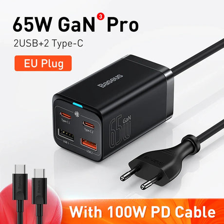 65W GaN Pro charger with multiple USB and Type-C ports, featuring an EU plug and 100W PD cable.