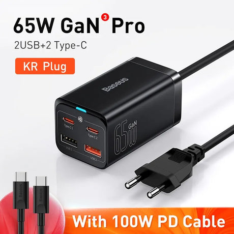 65W GaN Pro charger with multiple USB and Type-C ports, featuring a KR plug and 100W PD cable.