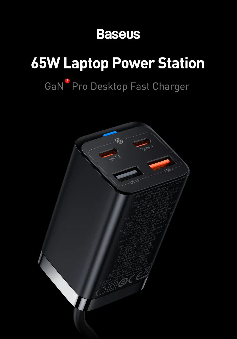 65W laptop power station with multiple charging ports and GaN Pro desktop fast charging technology.