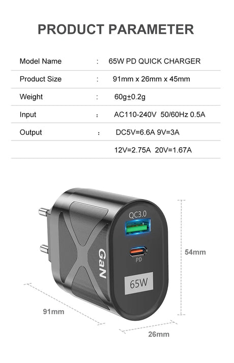 65W PD quick charger with USB and USB-C ports, displaying its product specifications and dimensions.