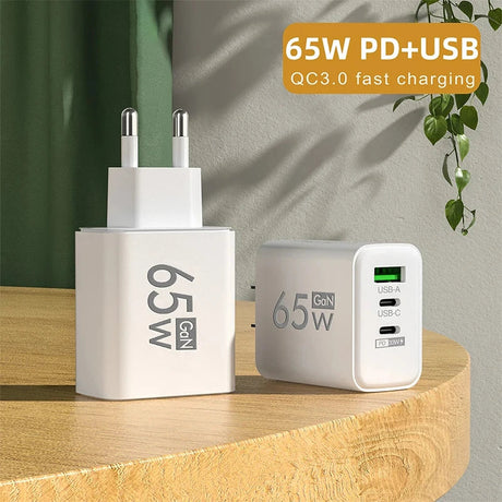 65W USB-C fast charging adapter with multiple ports for PD and QC3.0 charging.