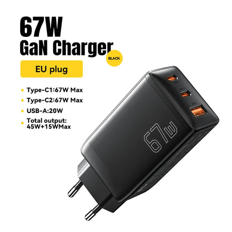 67W GaN charger with EU plug and multiple USB ports.