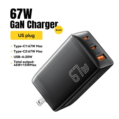 67W GaN charger with US plug and multiple USB ports.