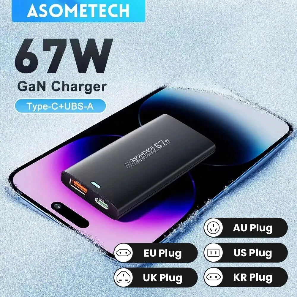 67W GaN charger with Type-C and USB-A ports from Asometech.
