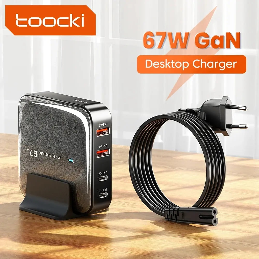 67W GaN desktop charger with multiple USB ports and a power cable.