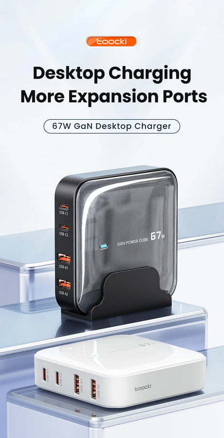 67W GaN desktop charger with multiple expansion ports for charging various devices.