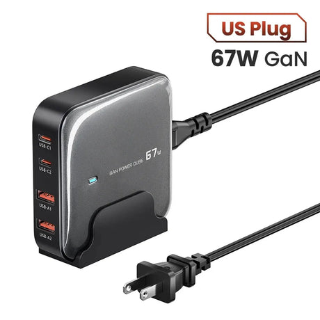 67W GaN power adapter with multiple USB ports and a US plug.