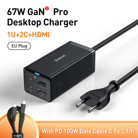 67W GaN Pro Desktop Charger with multiple ports and an EU plug.