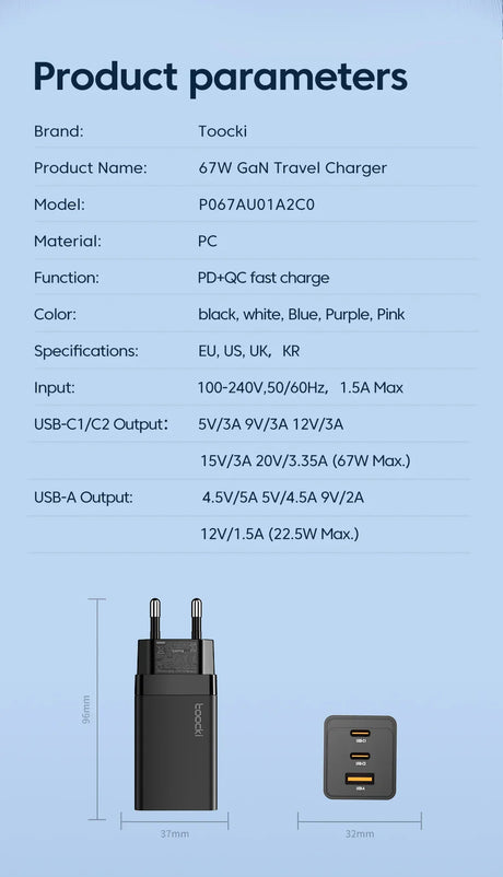 67W GaN travel charger with multiple USB ports and various voltage outputs.