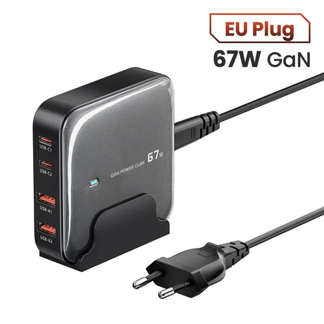 67W GaN USB-C charger with multiple ports and an EU plug.