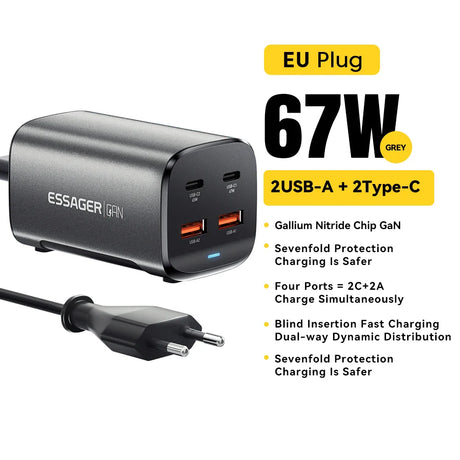 67W USB charger with EU plug featuring two USB-A and two USB-C ports.