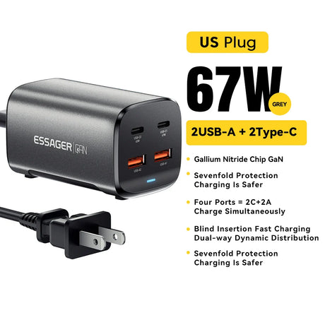 67W USB charger with multiple ports and a US plug.