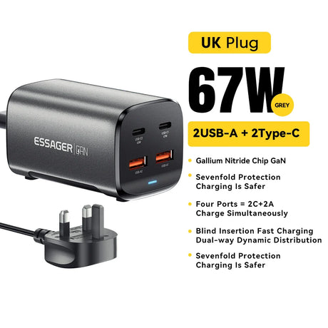 67W USB charger with UK plug featuring multiple ports and GaN technology.