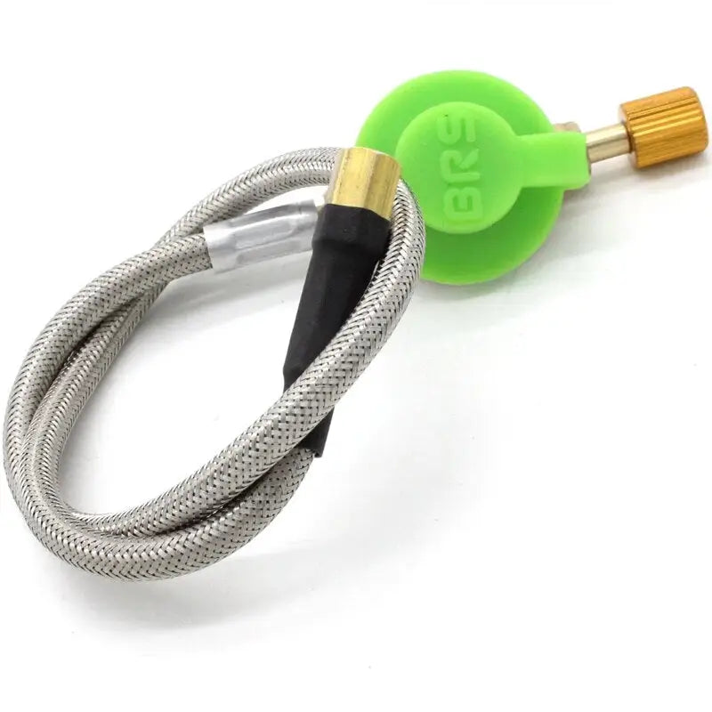 a green hose with a brass fitting