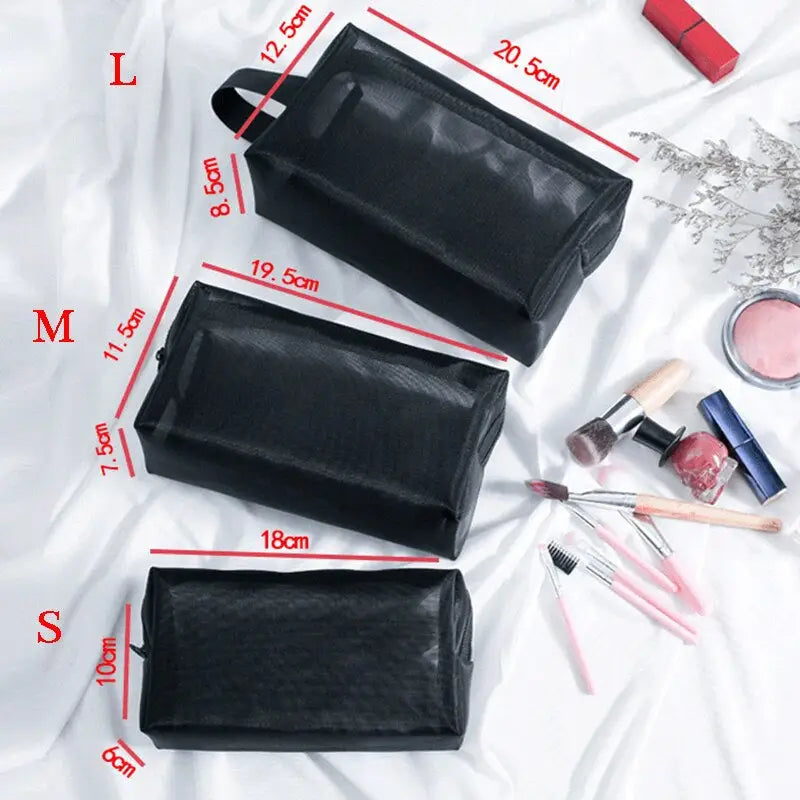 three black leather makeup bags with measurements