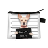 a small zipper bag with a dog holding a sign